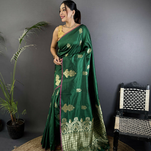Joban Fashion Dark Green Banarasi Lichi Silk Gold Zari Meena Saree