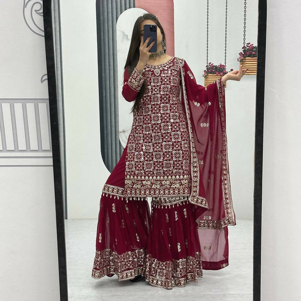 Teeya Creation Womens New Heavy Fox Georgette Fabric With Heavy Embroidery Work Red Kurta Set - Dista