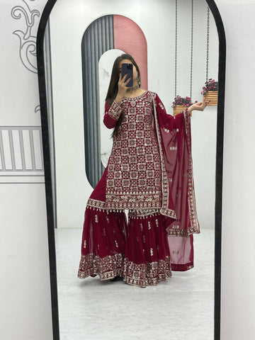 Teeya Creation Womens New Heavy Fox Georgette Fabric With Heavy Embroidery Work Red Kurta Set - Dista