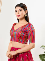 Thumbnail for Joban Fashion Pink Multi Brocade Padded Blouse With V Neck Elbow Sleeves - Distacart