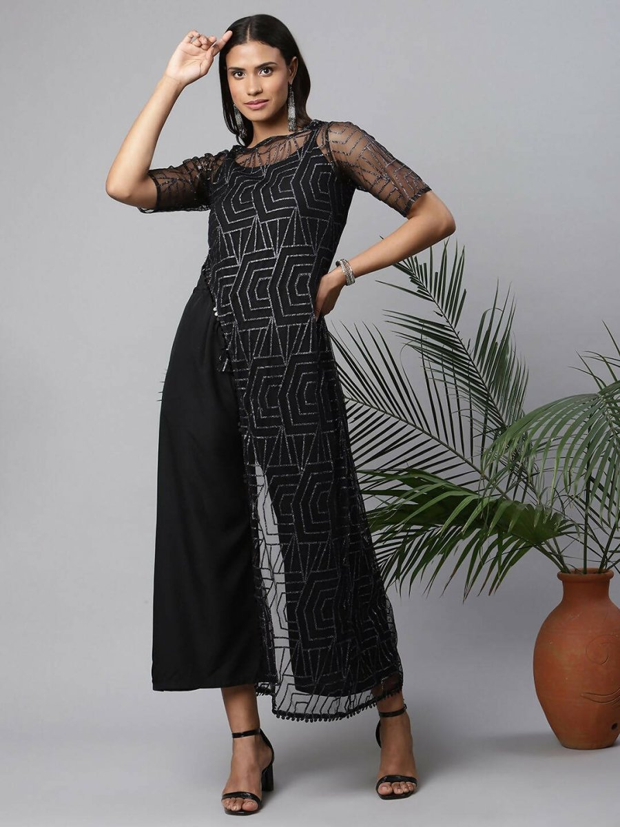 Ahalyaa Womens Black Crepe & Net Glitter Print Jumpsuit - Distacart