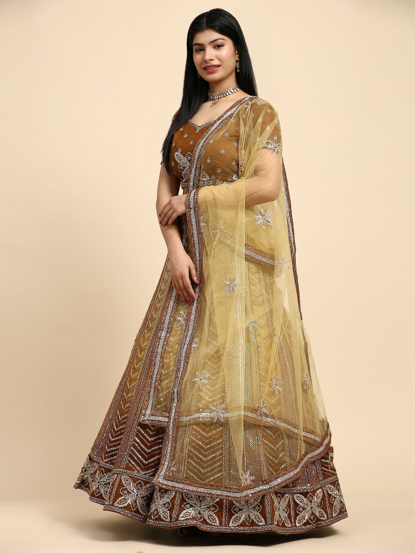 Brown Fancy Net Sequence Embroidered Lehenga Choli with Dupatta - Dhara - Distacart