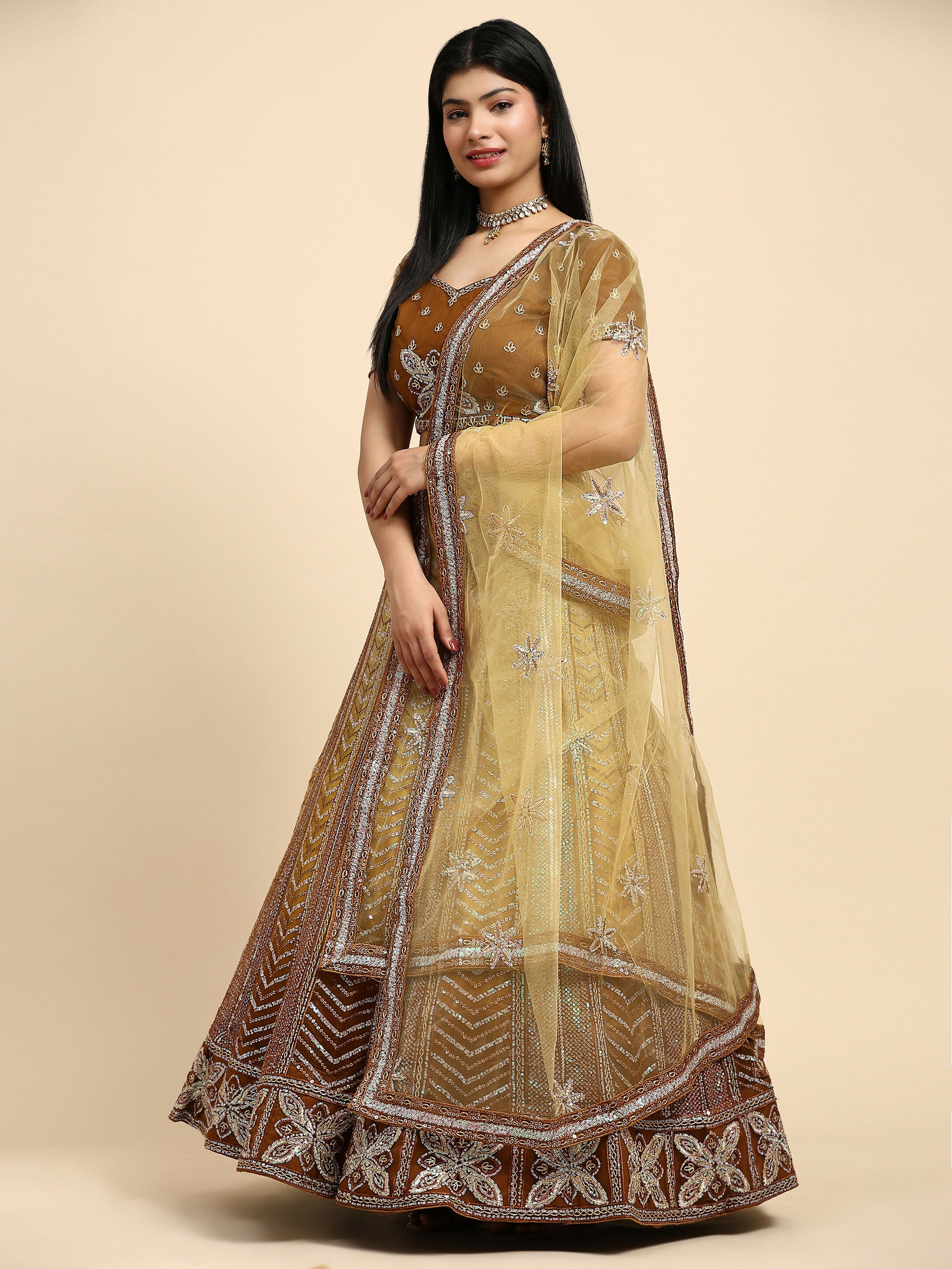 Brown Fancy Net Sequence Embroidered Lehenga Choli with Dupatta - Dhara - Distacart