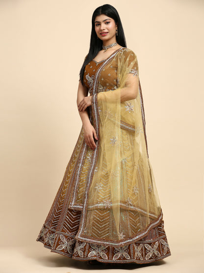 Brown Fancy Net Sequence Embroidered Lehenga Choli with Dupatta - Dhara - Distacart