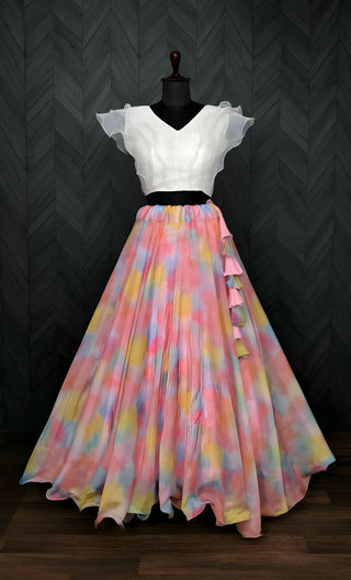 Dishitha Creation Floral Printed Stitched Lehenga & Crop Top - White & Pink - Distacart