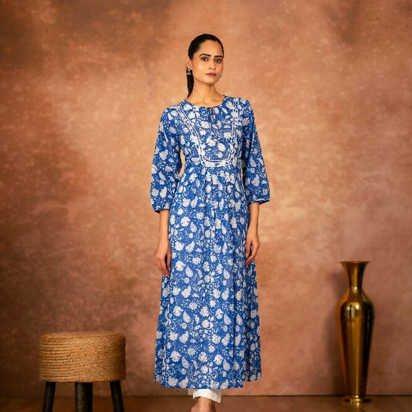 Joban Fashion Blue Floral Hand Block Printed Cotton Kurta Pant Set - Distacart