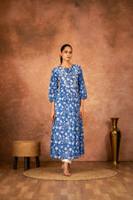 Thumbnail for Joban Fashion Blue Floral Hand Block Printed Cotton Kurta Pant Set - Distacart