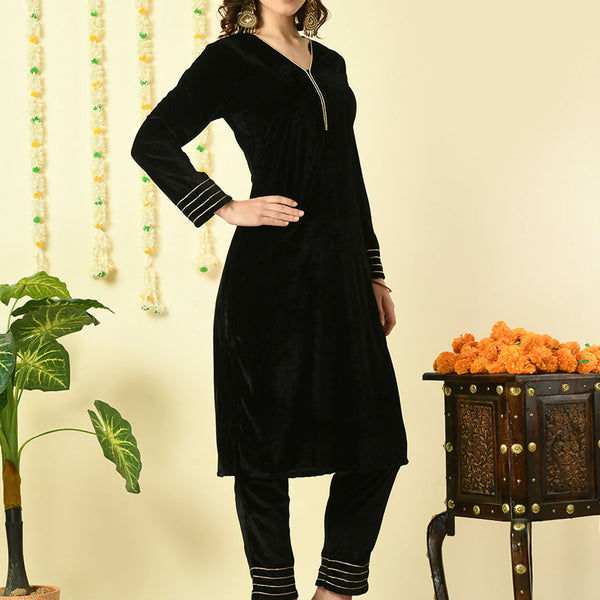 Myshka Women's Black Velvet Kurta With Trousers Party Sets - Distacart