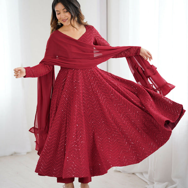 Joban Fashion Maroon Kurta Set Georgette Sequence Embroidery Work