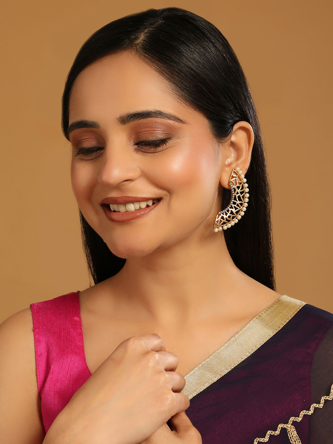 Nuyug 22K Gold-Plated Zircon Studded & Pearl Beaded Contemporary Shaped Statement Stud Earrings