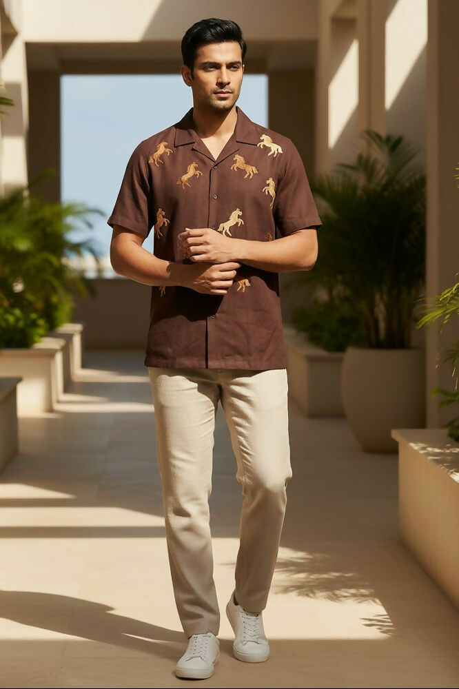 Galloping — Brown Horse Embroidered Cotton Shirt by Hilo Design - Dista