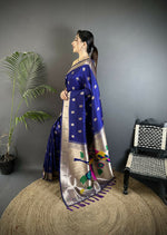 Thumbnail for Joban Fashion Royal Blue Peacock & Floral Motifs Soft Silk Kanchipuram Saree - Distacart