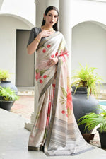 Thumbnail for Vishnu Weaves Women's Grey Satin Silk Printed Saree with Blouse