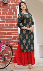 Thumbnail for Alvano Printed Kurta With Sharara Set for Women's and Girls Rayon (Green) - Distacart