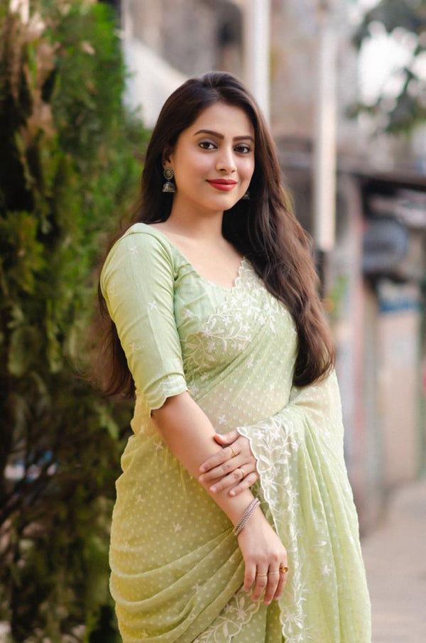 Green Pure Chiffon Woven Design Saree with Unstitched Blouse - Hiral Fashion - Distacart