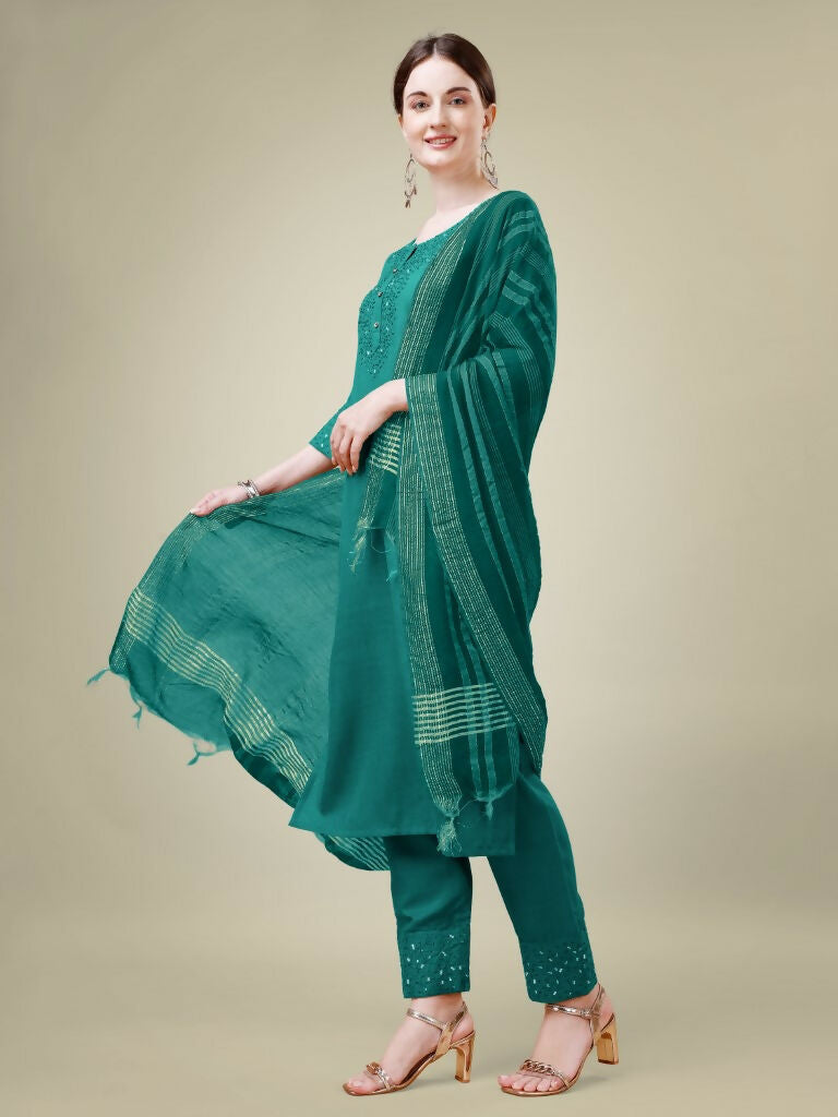 Jyoti Fashion Women's Teal Cotton Blend Embroidery & Sequence work Kurta with Trouser & Dupatta - Distacart