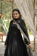 Thumbnail for Aastha Fashion Women's Black Faux Georgette Frill Work Anarkali Dress with Dupatta - Distacart