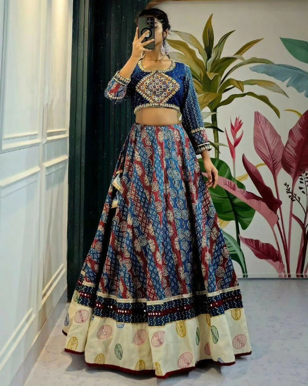 Preksha Creation Indian Festive Butter Soft Silk With Digital Print And Real Mirror Work Women Lehenga Choli - Blue - Distacart