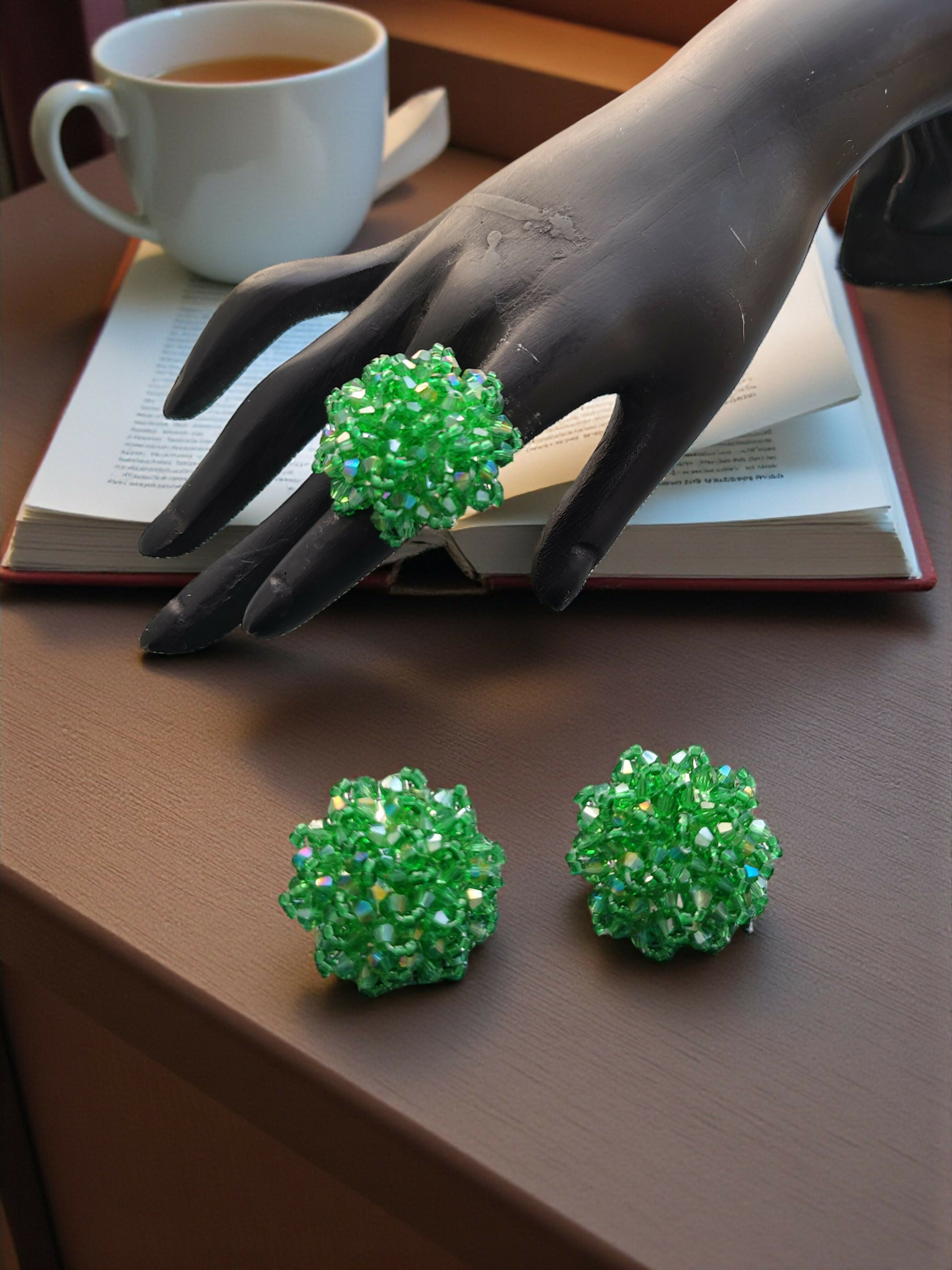 Inhanns Rangmani Crystal Duo – Adjustable Ring + Statement Earrings Set - Pista Green - Distacart