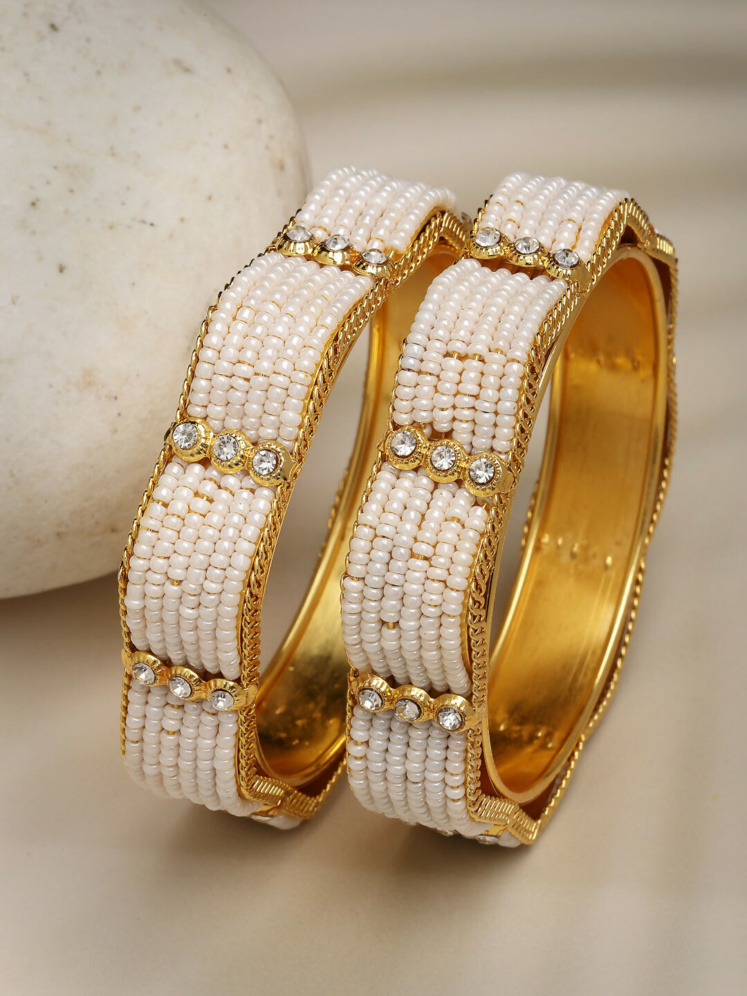 NVR Women's Set of 2 Gold-Plated Pearl Handcrafted Traditional Bangles - Distacart