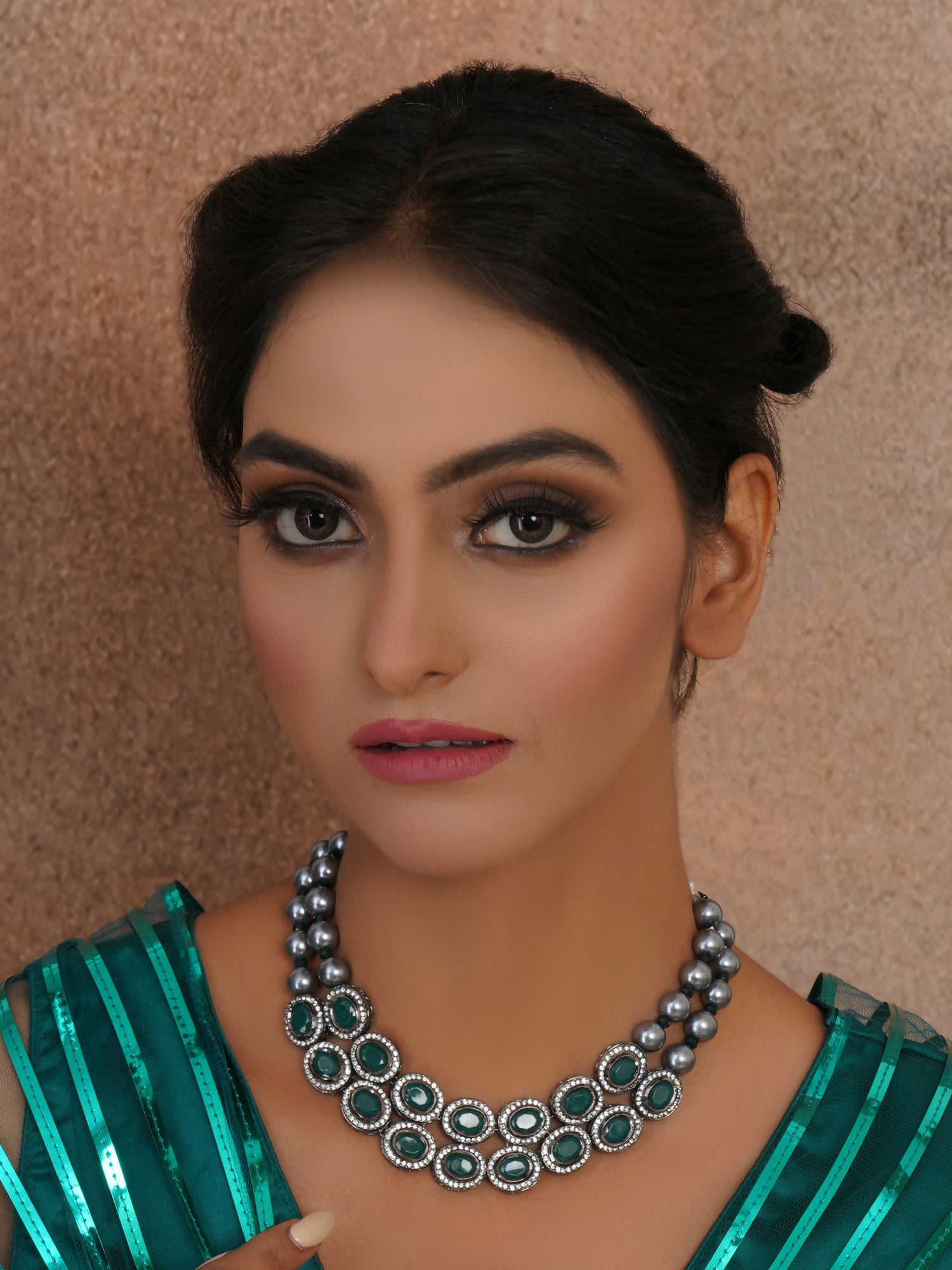 Green Stone Kundan Neckpiece with Grey Stones (Grey) - Ruby Raang - Distacart