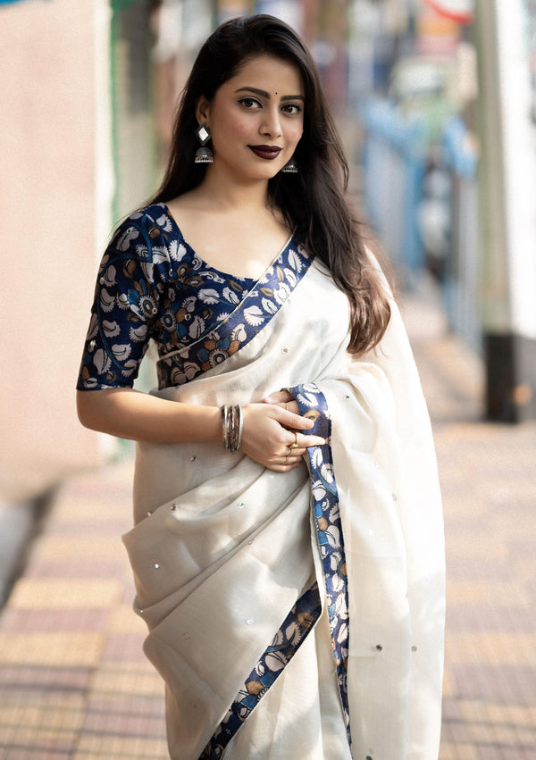 Cream Pure Linen Ethnic Motifs Saree with Unstitched Blouse - Hiral Fashion - Distacart