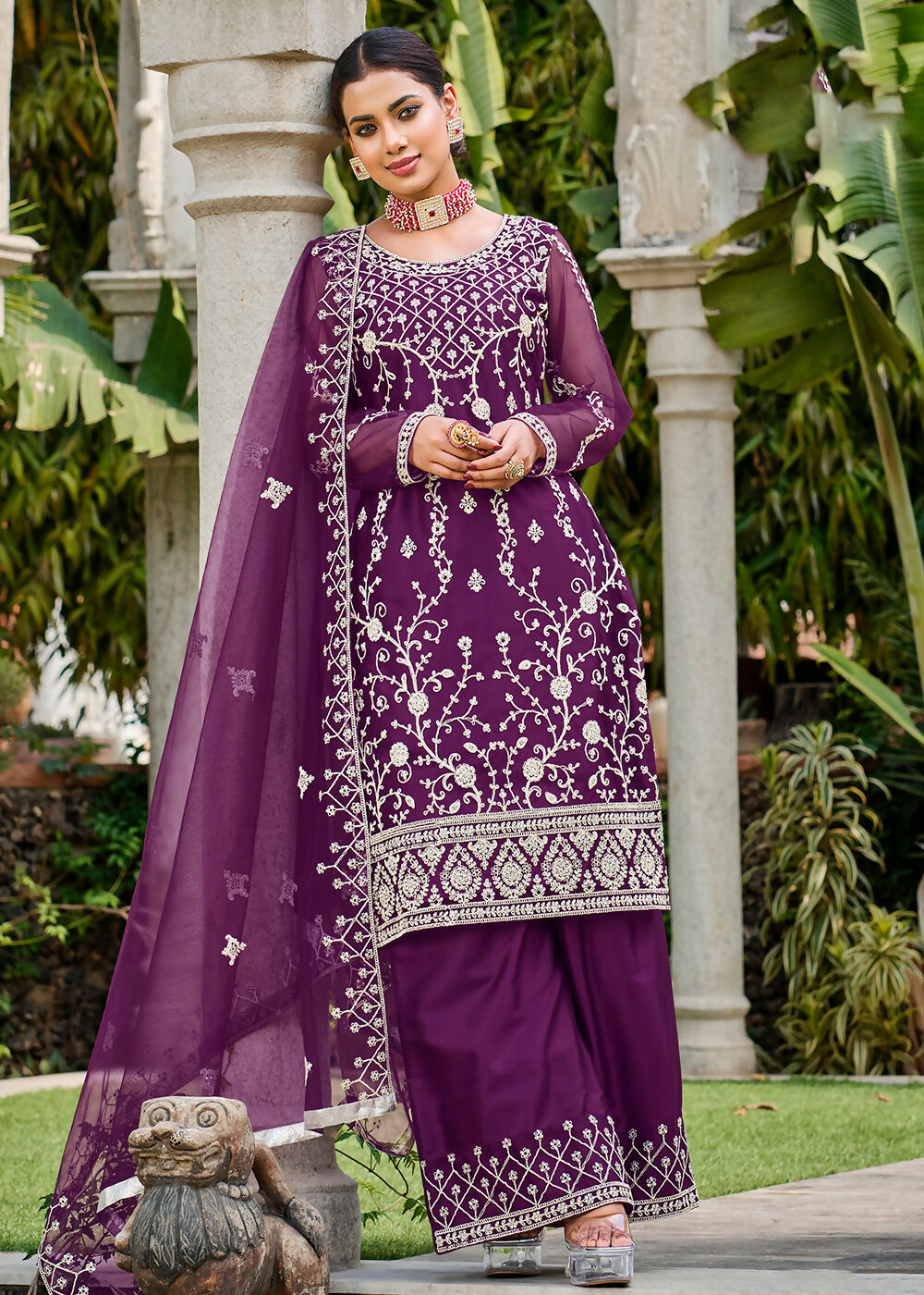Violet Purple Stone & Cording Work Festive Palazzo Suit - Emponline - Distacart