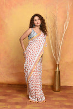 Thumbnail for Very Much Indian Handblock Printed Cotton Saree With Natural Dyes - White Peach - Distacart