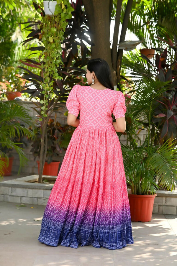 Jyoti Fashion Women's Pink Bandhej Print with Crush Pleating Muslin Anarkali Dress - Distacart