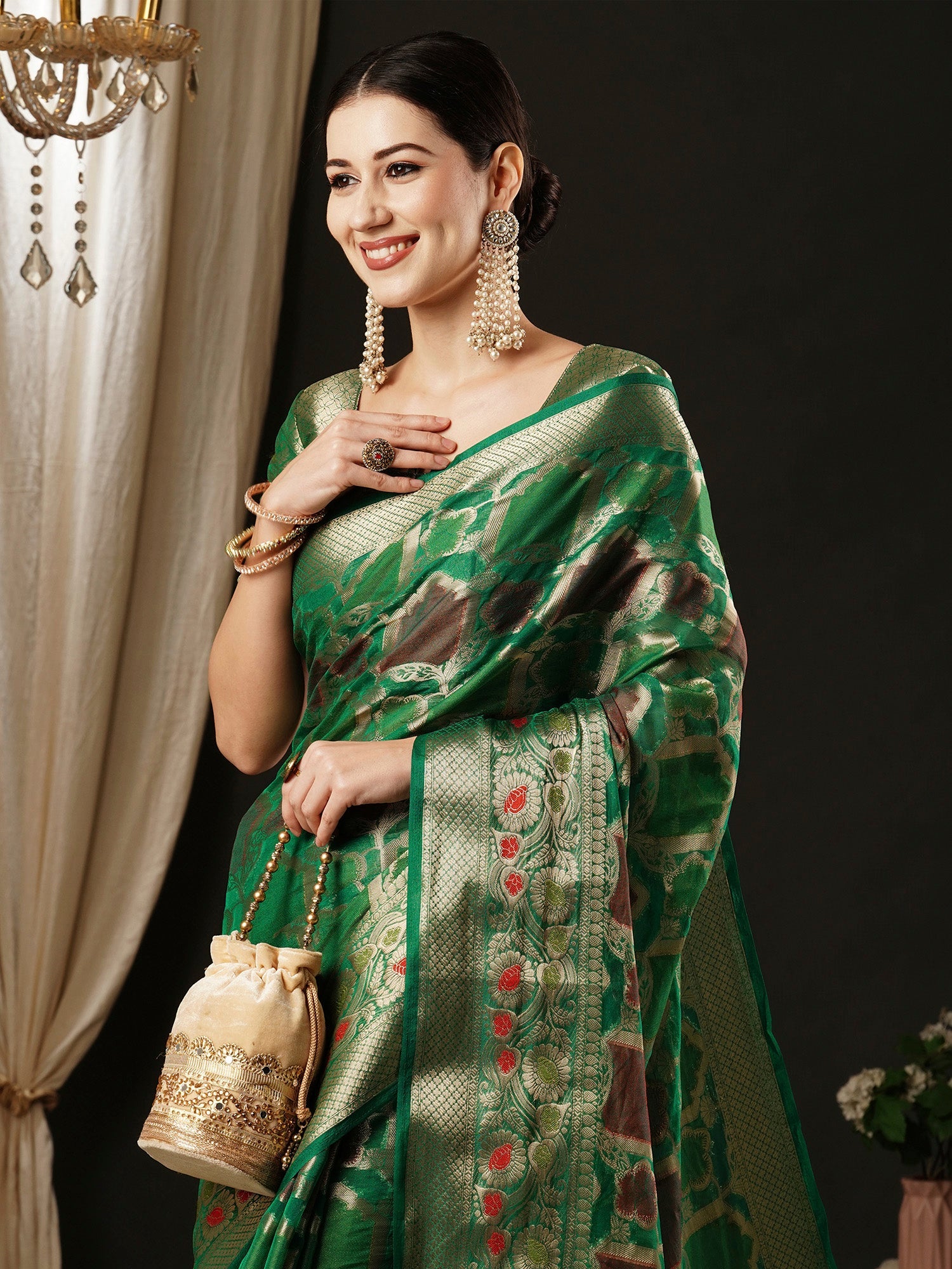 NOZ2TOZ Women's Organza Teal green Woven Design Designer Saree With Blouse Piece - Distacart