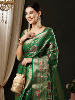 Thumbnail for NOZ2TOZ Women's Organza Teal green Woven Design Designer Saree With Blouse Piece - Distacart