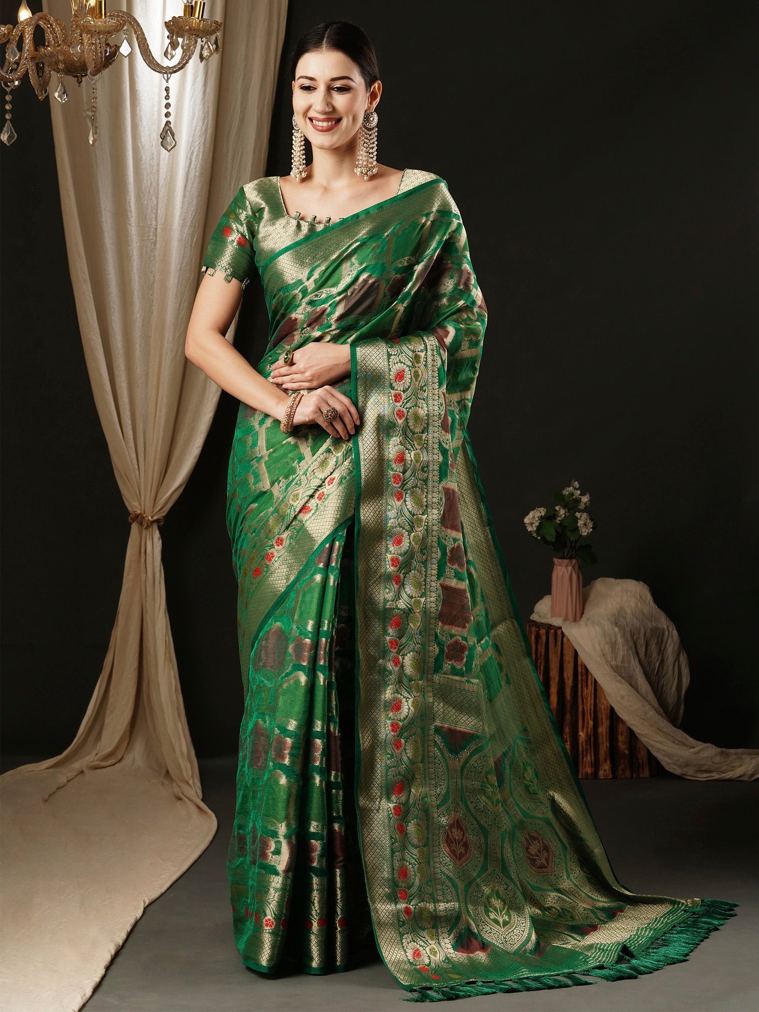 NOZ2TOZ Women's Organza Teal green Woven Design Designer Saree With Blouse Piece - Distacart
