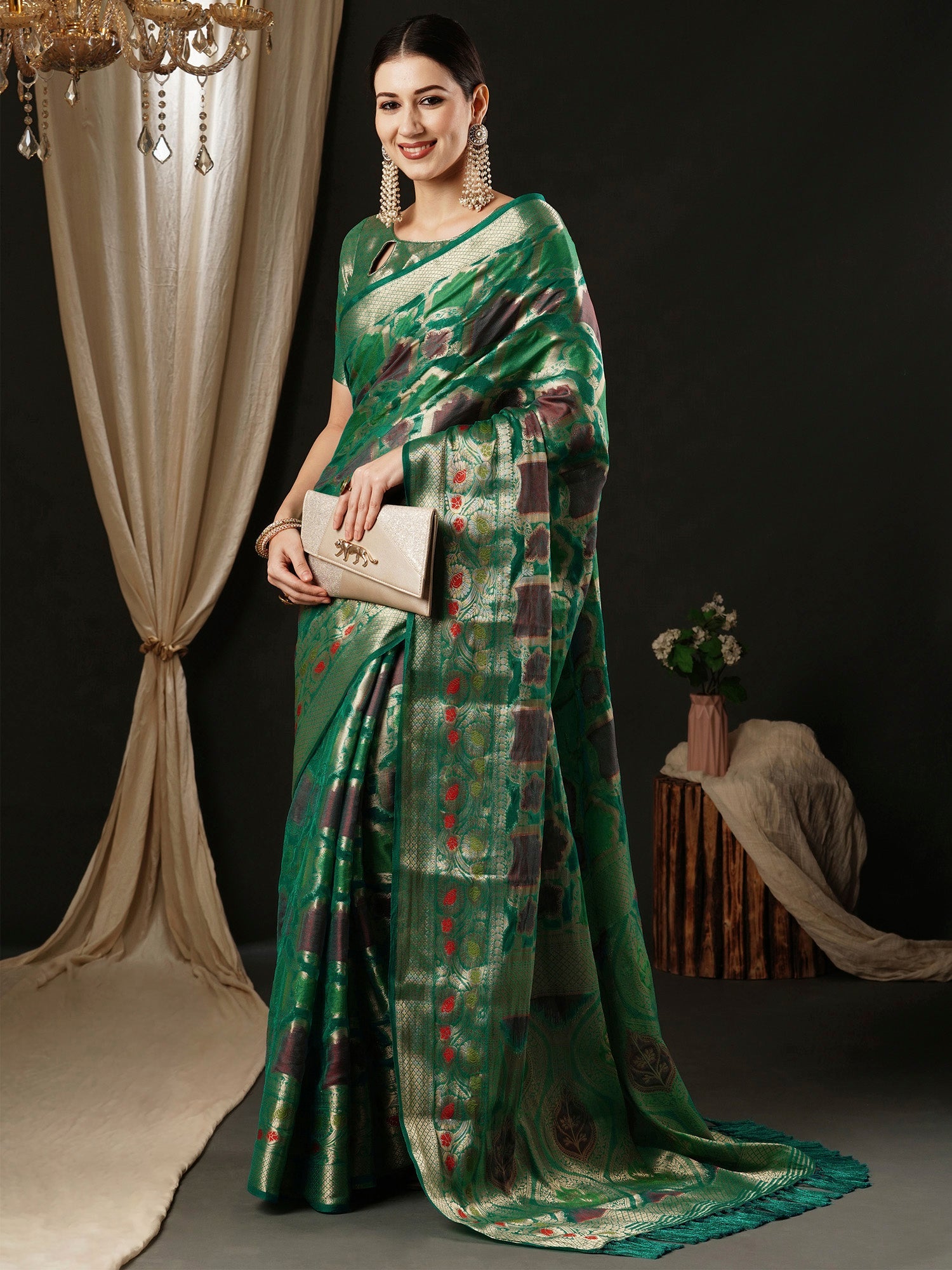 NOZ2TOZ Women's Organza Teal blue Woven Design Designer Saree With Blouse Piece - Distacart