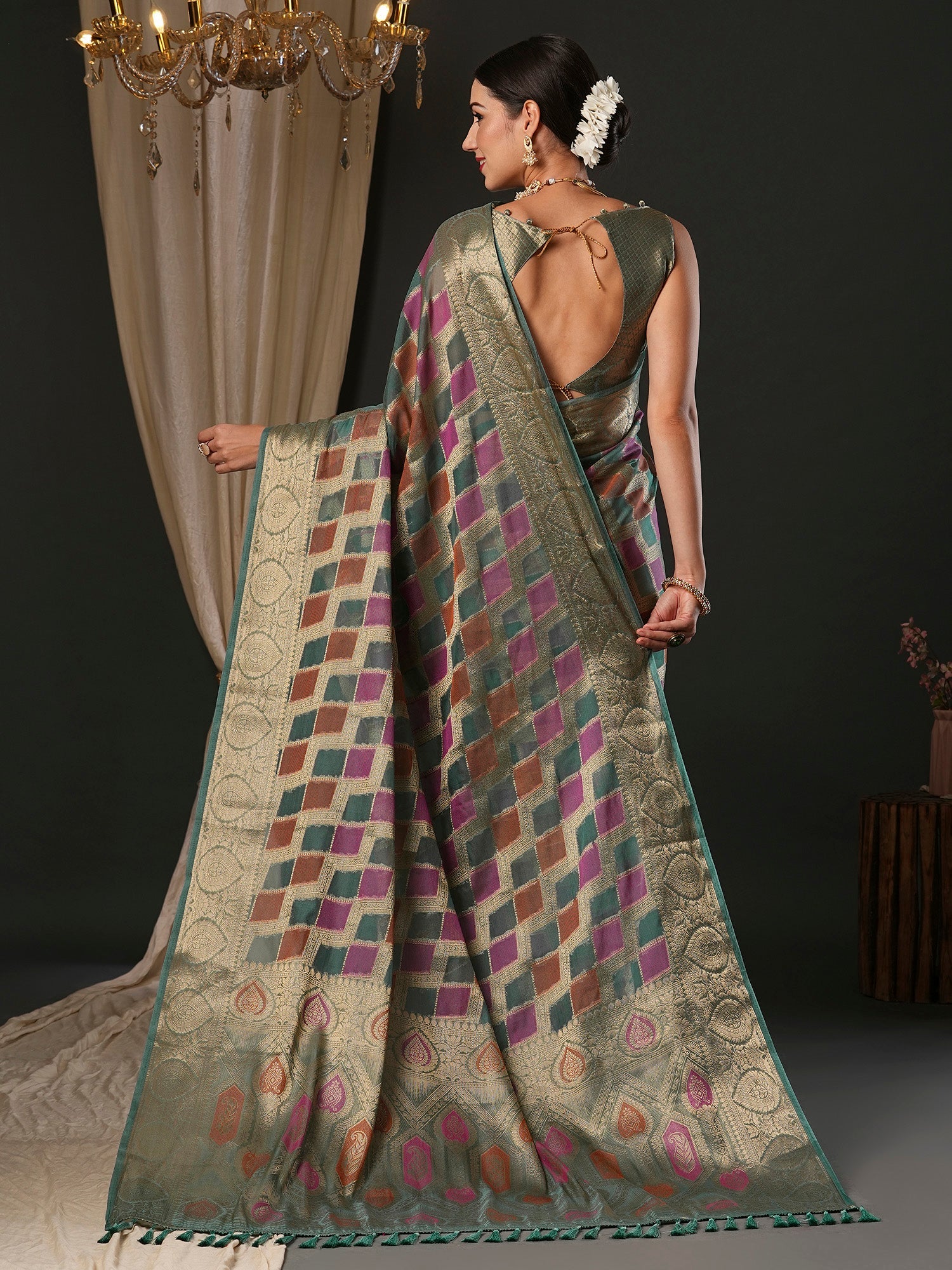 NOZ2TOZ Women's Organza Sea Green Woven Design Designer Saree With Blouse Piece - Distacart