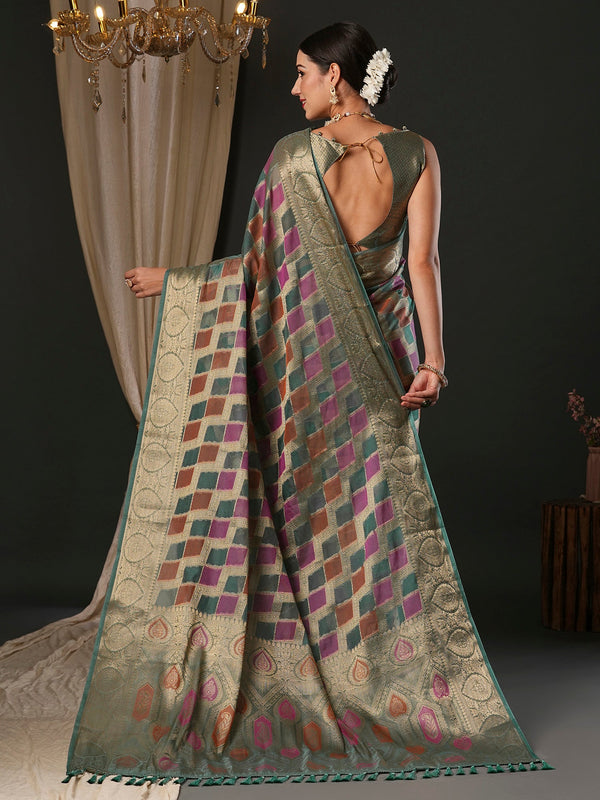 NOZ2TOZ Women's Organza Sea Green Woven Design Designer Saree With Blouse Piece - Distacart