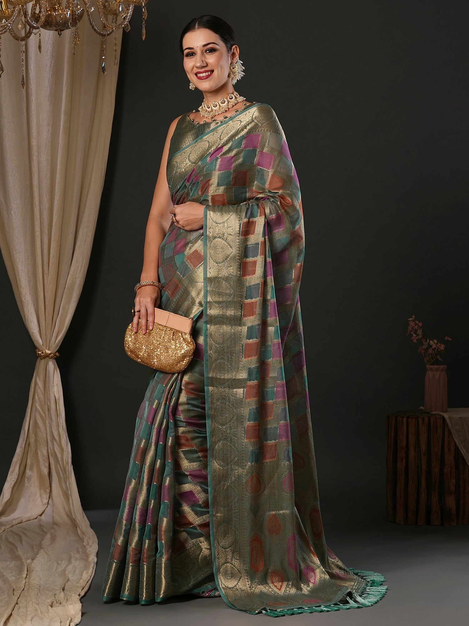 NOZ2TOZ Women's Organza Sea Green Woven Design Designer Saree With Blouse Piece - Distacart