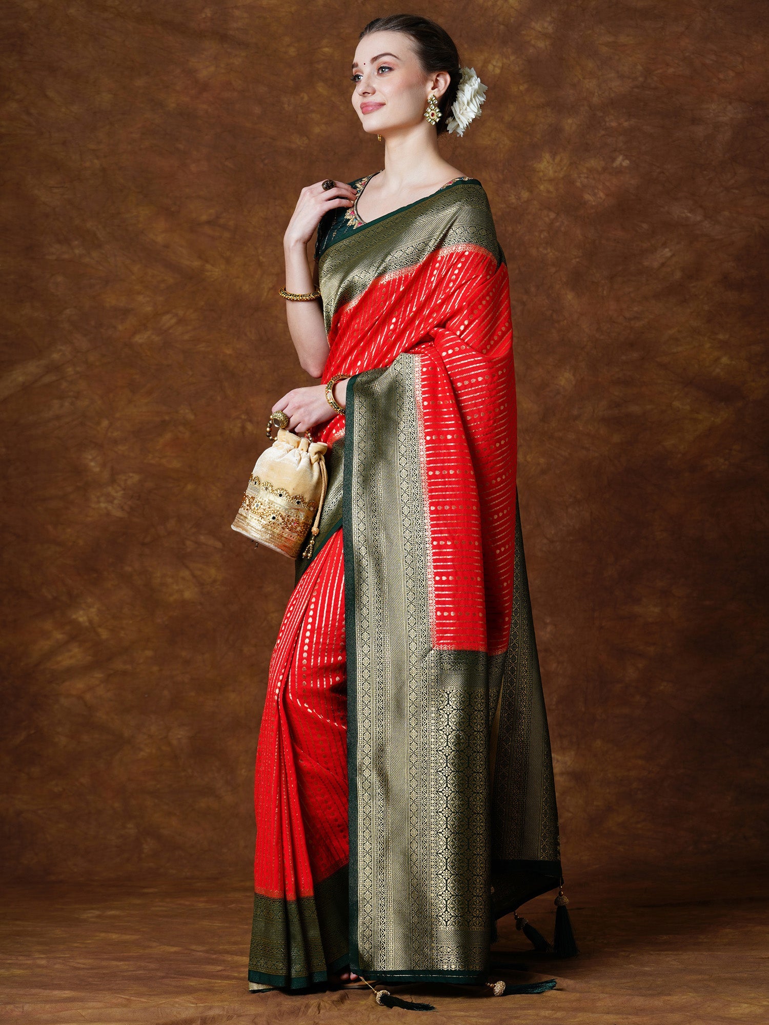 NOZ2TOZ Women's Georgette Red Woven Design Designer Saree With Blouse Piece - Distacart