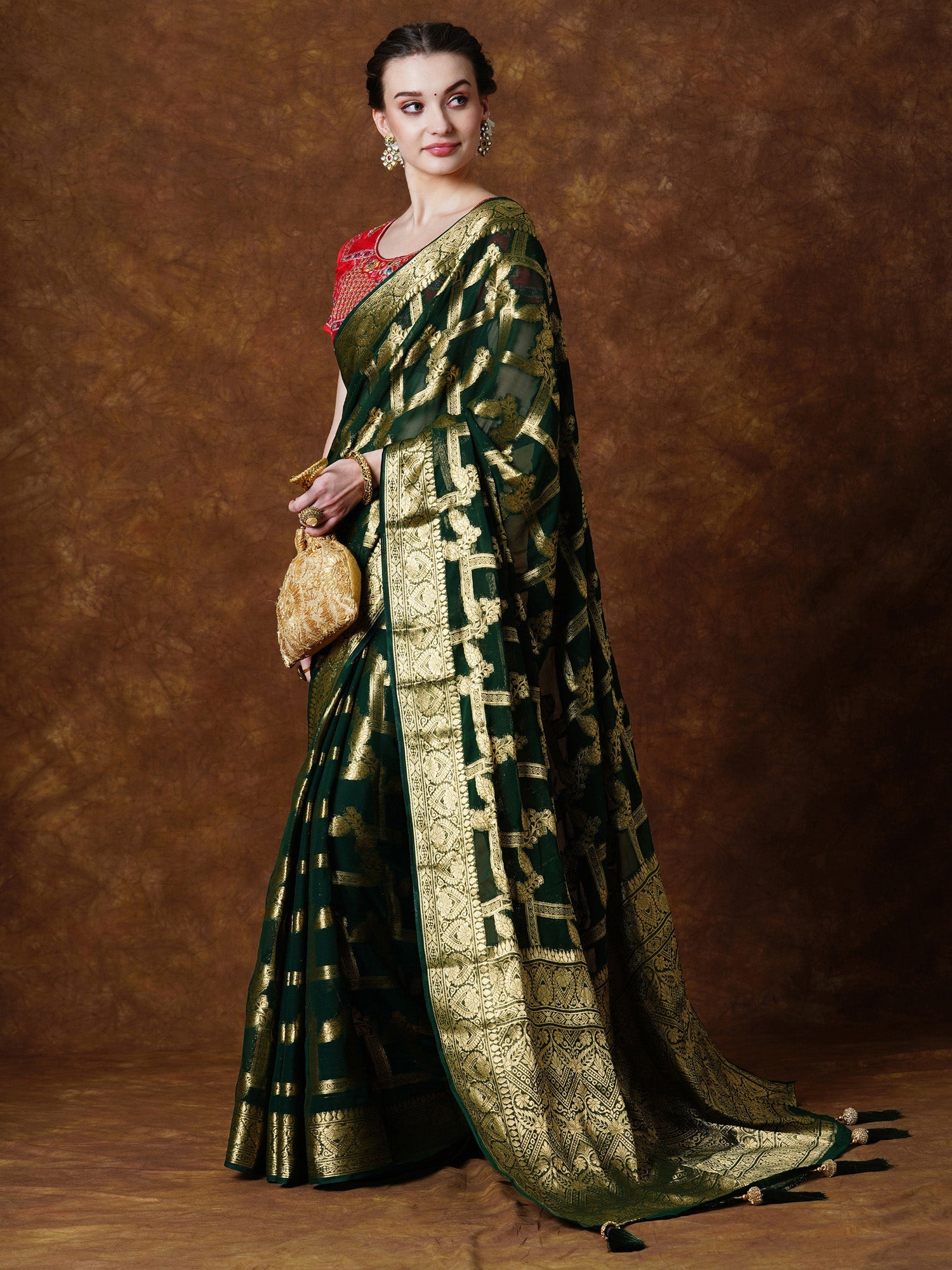 NOZ2TOZ Women's Georgette Green Woven Design Designer Saree With Blouse Piece - Distacart