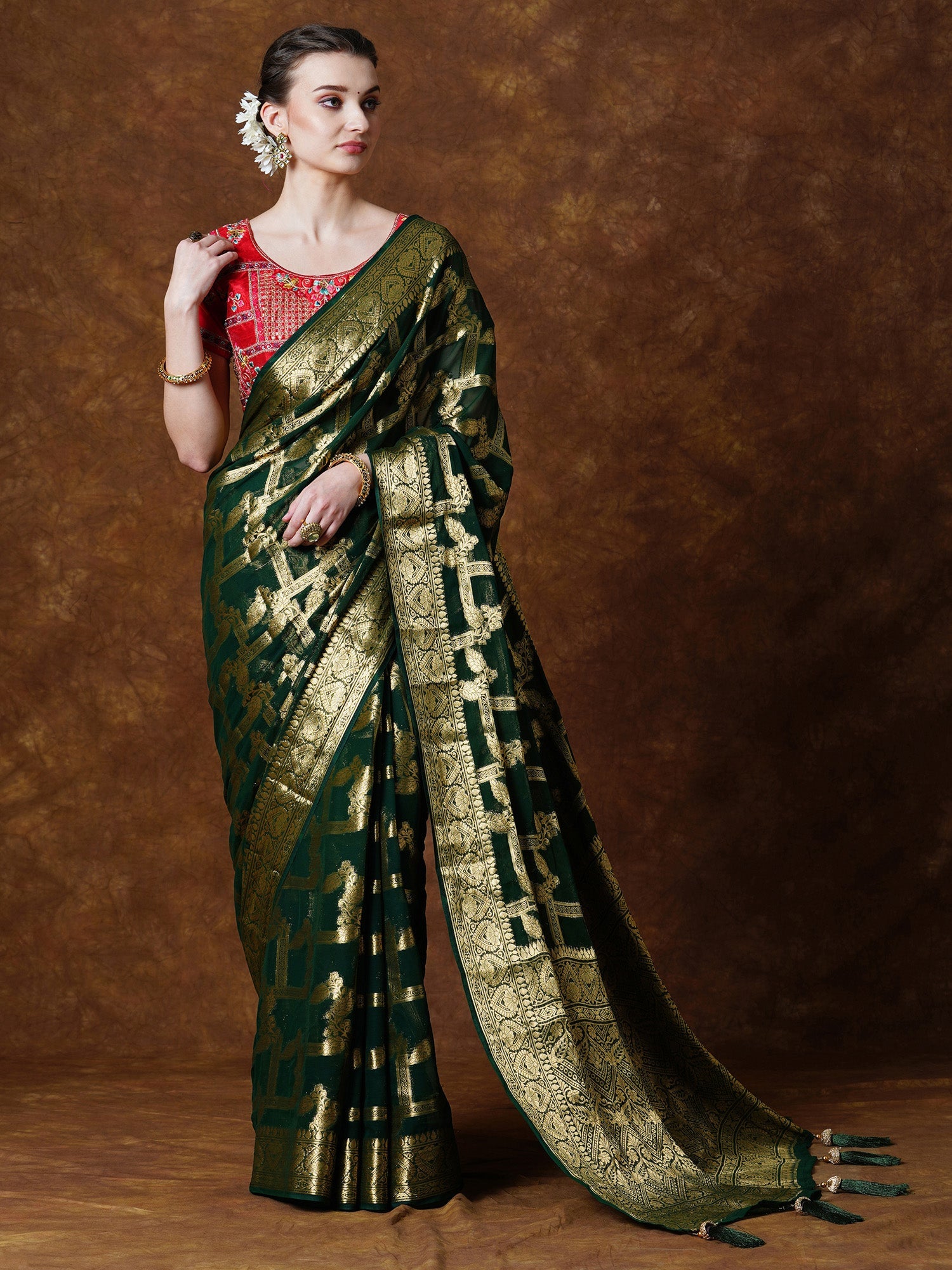 NOZ2TOZ Women's Georgette Green Woven Design Designer Saree With Blouse Piece - Distacart