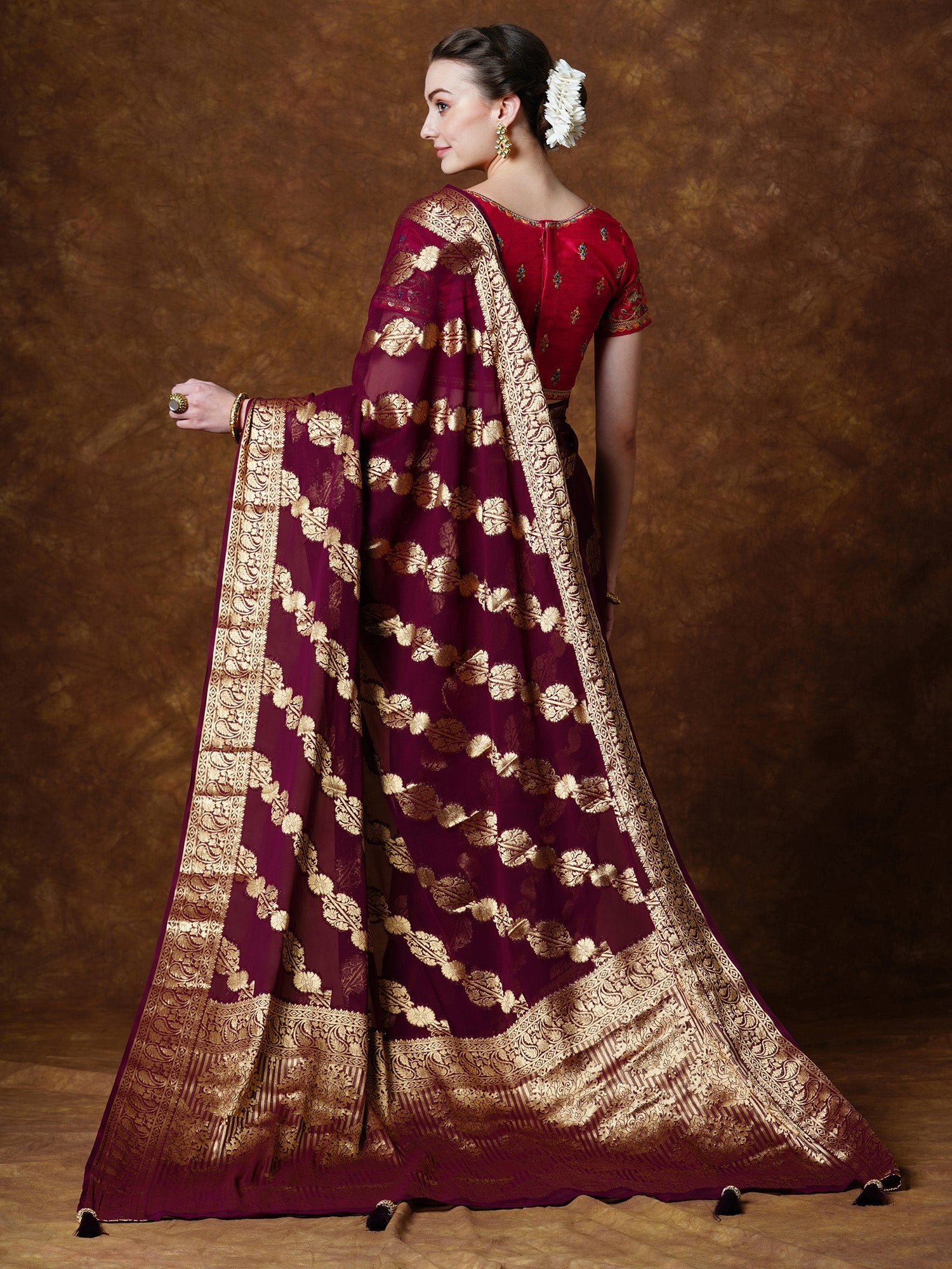 NOZ2TOZ Women's Georgette Burgundy Woven Design Designer Saree With Blouse Piece - Distacart