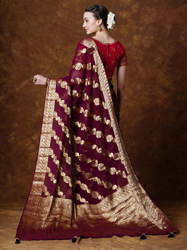 NOZ2TOZ Women's Georgette Burgundy Woven Design Designer Saree With Blouse Piece - Distacart