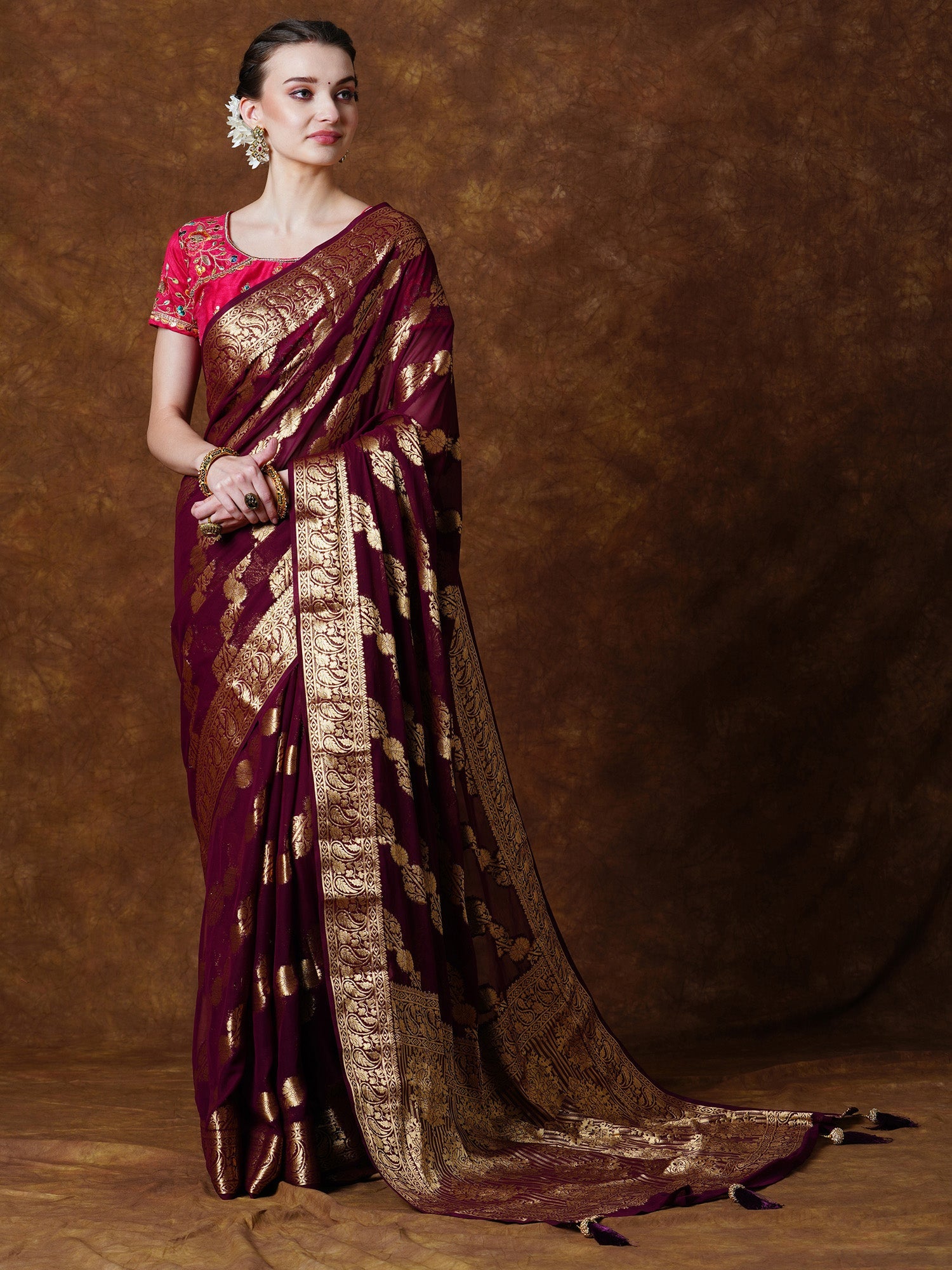 NOZ2TOZ Women's Georgette Burgundy Woven Design Designer Saree With Blouse Piece - Distacart