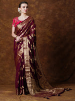 Thumbnail for NOZ2TOZ Women's Georgette Burgundy Woven Design Designer Saree With Blouse Piece - Distacart