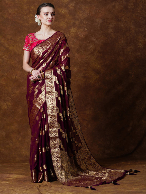 NOZ2TOZ Women's Georgette Burgundy Woven Design Designer Saree With Blouse Piece - Distacart