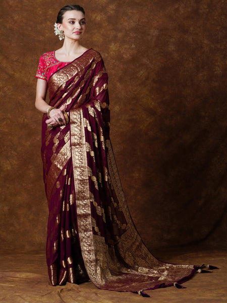 NOZ2TOZ Women's Georgette Burgundy Woven Design Designer Saree With Blouse Piece - Distacart