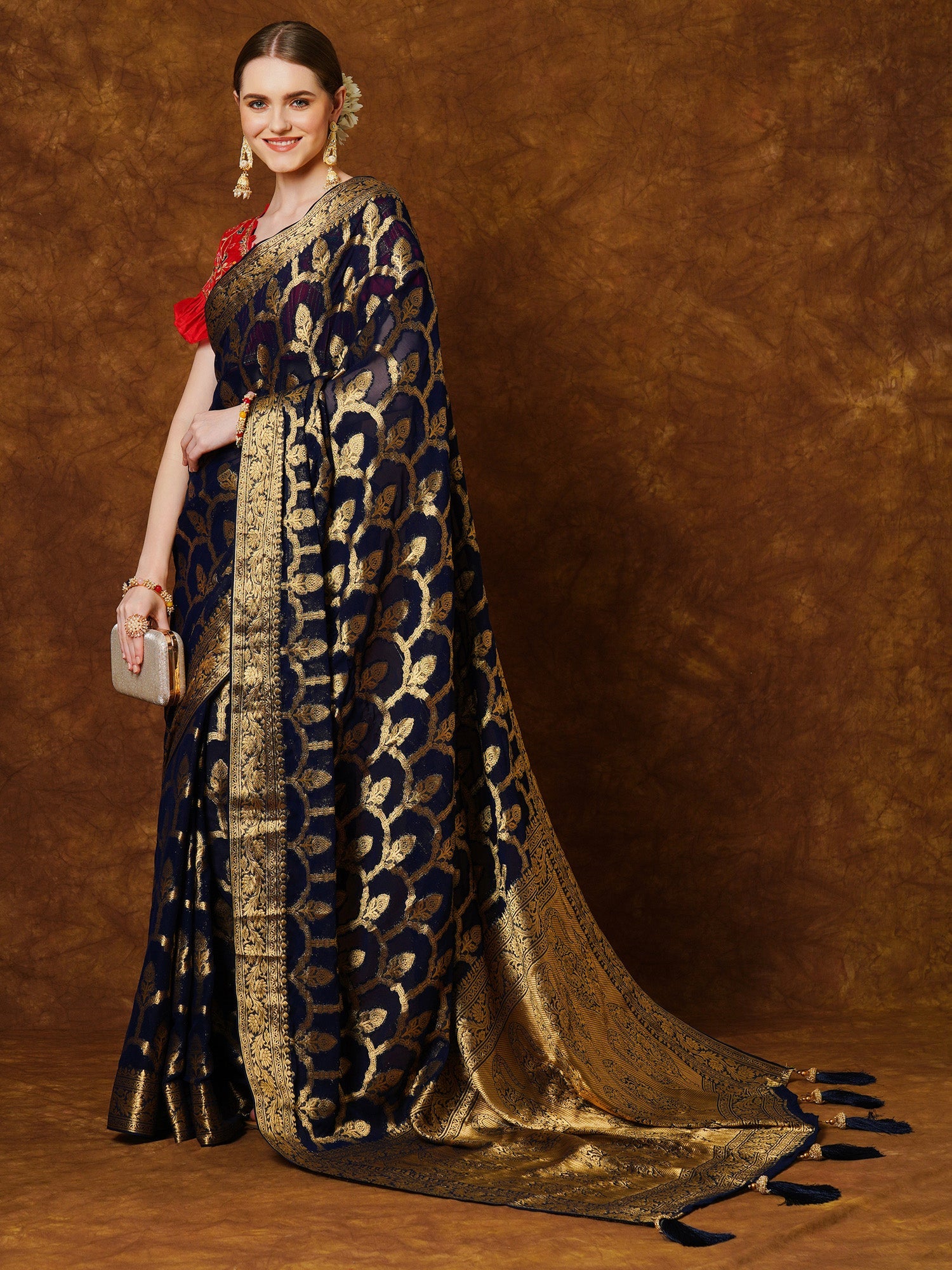 NOZ2TOZ Women's Georgette Navy Blue Woven Design Designer Saree With Blouse Piece - Distacart