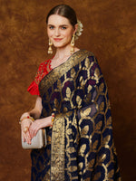 Thumbnail for NOZ2TOZ Women's Georgette Navy Blue Woven Design Designer Saree With Blouse Piece - Distacart