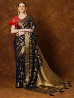 Thumbnail for NOZ2TOZ Women's Georgette Navy Blue Woven Design Designer Saree With Blouse Piece - Distacart