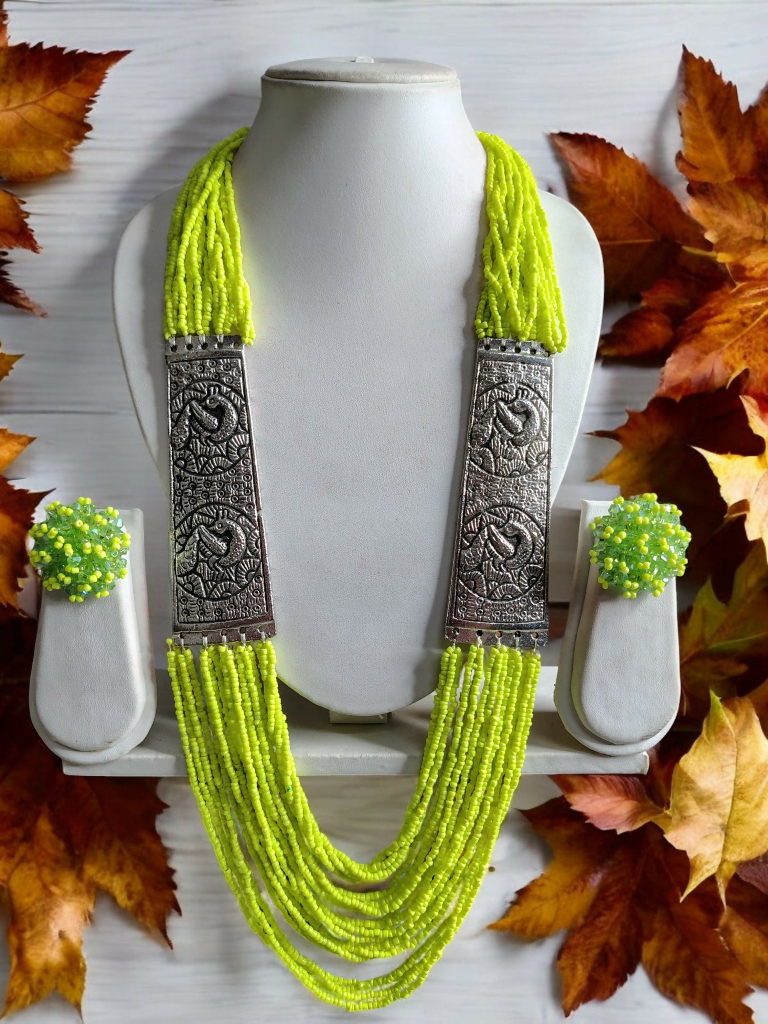 Inhanns Saree Shobha Statement Necklace & Earring Set - Neon Green Necklace With Earrings - Distacart