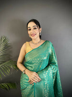 Thumbnail for Joban Fashion Rama Green Floral & Paisley Motifs Soft Satin Silk Banarasi Saree - Distacart